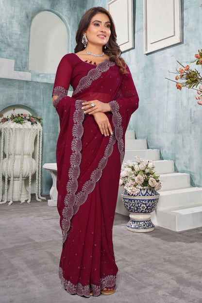 Stone work boder georgette saree