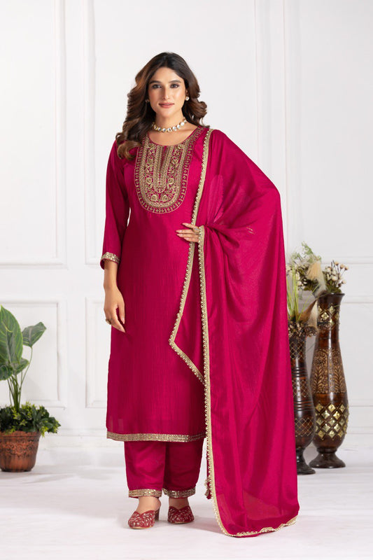 Copper Thread Work Straight kurta With Trousers & Duppata