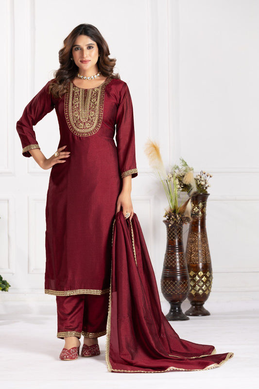 Copper Thread Work Straight kurta With Trousers & Duppata