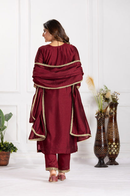 Copper Thread Work Straight kurta With Trousers & Duppata