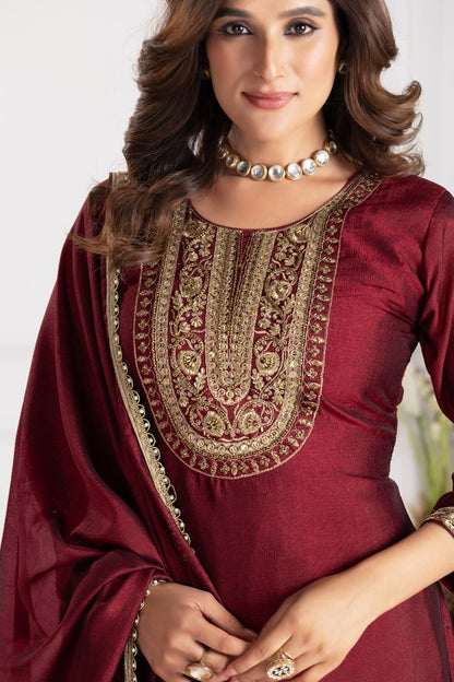 Copper Thread Work Straight kurta With Trousers & Duppata