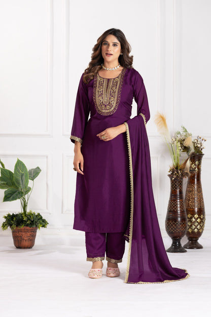 Copper Thread Work Straight kurta With Trousers & Duppata