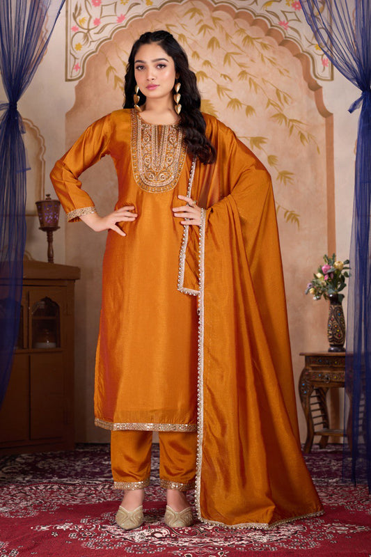 Copper Thread Work Straight kurta With Trousers & Duppata