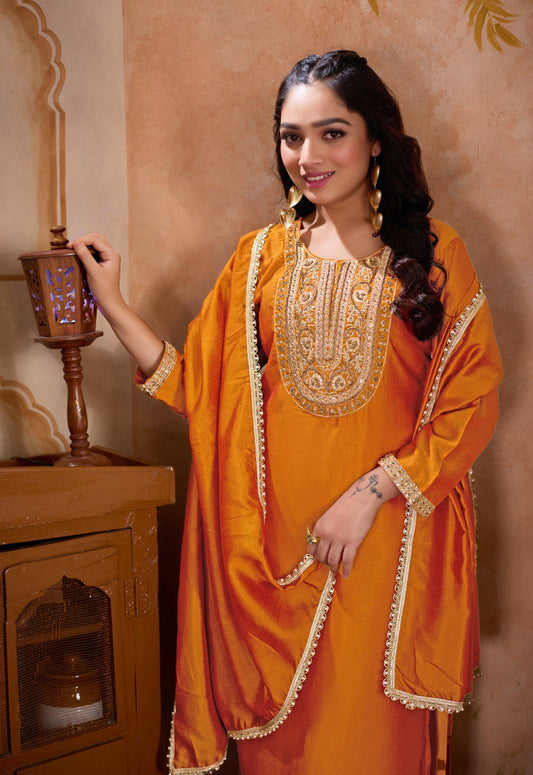 Copper Thread Work Straight kurta With Trousers & Duppata